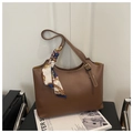 Brown faux leather tote bag with white contrast stitching and decorative floral silk scarf - Brown