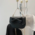 Sac élégant en cuir grainé noir avec nœud surdimensionné et poignée en perles - Noir