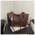 Brown large capacity tote bag with white contrast stitching and blue floral silk scarf - Coffee