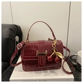 Burgundy stone textured crossbody bag with crocodile pattern and cherry charm - Red