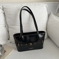 Retro black oil wax leather shoulder baguette bag with gold buckles and chic belt detail - Black