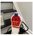 Close-up of cupcake shaped crossbody bag with colorful PU leather and blue heart detail - Red