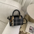 Black vintage square handbag with white stitching grid patterns and wood bead charm - Black With Pendant