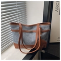 Minimalist grey felt tote bag with brown leather trim and golden lock decoration - Blue and Brown