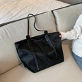 Minimalist large black nylon tote bag with shoulder straps and top handles for women - Black