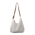 Minimalist white nylon tote bag featuring adjustable brown leather shoulder straps - White