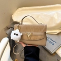 Chic beige textured leather square handbag with golden lock and fluffy charm - Khaki With Pendant