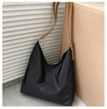Minimalist black large capacity shoulder bag with brown leather straps for daily commute - Black