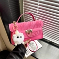 Glossy bright pink PU leather handbag with pleated flap and cute plush ball charm - Pink With Pendant