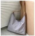 Minimalist light purple nylon tote bag with brown leather shoulder straps and matte finish - Gray