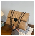 Detail of beige quilted shoulder bag with V-shaped stitching and black metal chain strap - Khaki