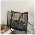 Sac cabas en PVC gris fumé avec bordure noire et inscription FASHION en majuscules - Noir