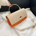 Sac à main en paille bicolore beige et orange avec poignée ronde dorée - Orange