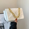White quilted crossbody bag with chunky gold chain strap and elegant rhombic stitching - White