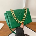 Quilted green leather small square bag with gold chunky chain strap and flap closure - Green