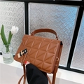 Brown quilted PU leather handbag with vintage gold lock and elegant chain strap details - Brown