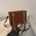 Brown crocodile pattern crossbody bag with gold chain strap and sleek rectangular design - Dark Brown