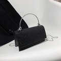 Elegant black beaded rectangular clutch with silver metal circular handle and chain strap - Black