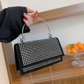 Elegant black suede evening clutch bag with colorful rhinestones and silver ring handle - Colorful
