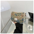 Floral print shoulder bag with white trim and wide strap in vintage style - Blue