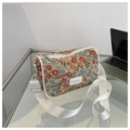 Retro cylinder crossbody bag with floral jacquard fabric and wide white shoulder strap - Red