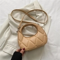 Beige quilted dumpling shoulder bag with round handle and adjustable strap - Khaki