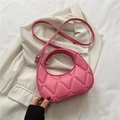 Pink quilted half-moon hobo bag in soft faux leather with adjustable crossbody strap - Pink
