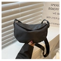 Chic black nylon hobo crossbody bag with adjustable wide fabric strap for women - Black