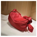 Fashionable bright red nylon half-moon crossbody bag with wide shoulder strap - Red