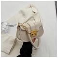 Detailansicht der beigen Krokodil-Ledertasche mit goldenem Schloss und Kettenriemen - Gebrochenes Weiß