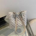 Silver quilted tote bag with chain handle and large capacity for daily commuting - White