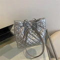 Quilted silver metallic tote bag with chain strap and large capacity for women - Silver