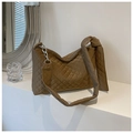 Brown quilted crossbody bag with stylish silver chain detail and large padded strap - Brown