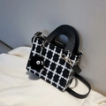Chic black and white plaid crossbody bag with a fuzzy cartoon ball charm - Black (With Charm)