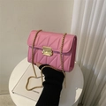 Pink quilted leather crossbody bag with golden chain strap and vintage square buckle - Barbie Pink