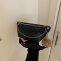 Black quilted waist bag for women featuring silver chain and fuzzy ball charm - Black with Charm