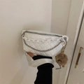 White quilted waist bag with silver metal and plastic chains and plush pendant - White with Charm