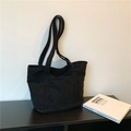 Bolso tote minimalista de pana negra de gran capacidad con bolsillo frontal para mujer - Negro