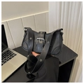 Fashionable black square shoulder bag in textured PU leather with adjustable metal buckle strap - Black