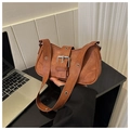 Brown matte leather baguette bag with metal buckle and grommet strap detail - Brown
