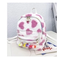 White plush backpack with pink hearts, transparent pocket and pearl zipper detail - Pink