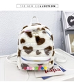 Harajuku plush backpack in white with brown hearts, rainbow zipper, and colorful pom-poms - Brown