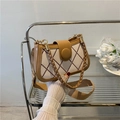 Beige and brown quilted crossbody bag with woven handle and wide fabric strap - Khaki