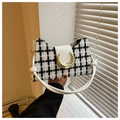 Detail of a chic houndstooth handbag featuring a golden crescent buckle and twisted handle - White Grid