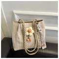 Bolso tote de paja beige para mujer con asa trenzada, flor decorativa y pañuelo seda - Blanco Roto