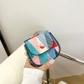 Mini geometric patchwork shoulder bag with vibrant multi-color design and gold chain - Blue