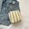 Yellow and white striped popcorn texture crossbody bag with pearl and chain strap - Yellow
