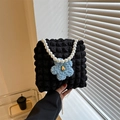 Chic black bubble tote bag with pearl handle, gold chain and blue flower charm - Pearl Black