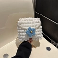 White bubble texture tote bag with blue plush flower and elegant pearl handle - Pearl White