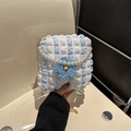 Blue and white bubbly pleated tote bag with pearl handle and knit flower detail - Pearl Blue